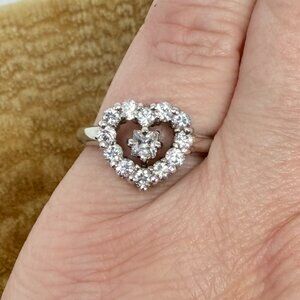 Platinum Tone Heart Shaped Clear Stones Ring Tarnish Free Silver Color Size 7